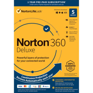 Norton 360 Deluxe (5 Devices, 1-Year) | Real-Time Threat Protection with Auto-Renew