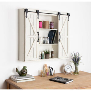 Kate and Laurel Cates Decorative Wood Wall Storage Cabinet (Rustic White) | Sliding Barn Door Accent