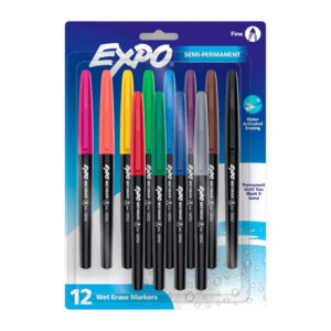 EXPO Wet Erase Fine Tip Markers (12-Pack, Assorted) | Semi-Permanent Ink for Whiteboards & Transparencies