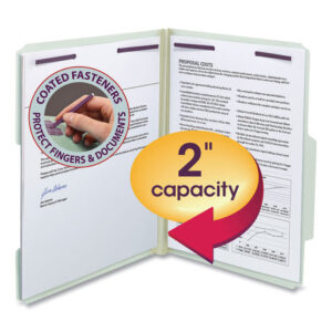 Smead Recycled Pressboard Folders, Two SafeSHIELD Coated Fasteners, 2/5-Cut: R of C, 2" Expansion, Letter Size, Gray-Green, 25/Box (14982)