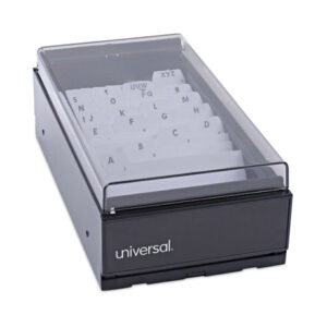 Universal Business Card File, Holds 600 2 x 3.5 Cards, 4.25 x 8.25 x 2.5, Metal/Plastic, Black (UNV10601)