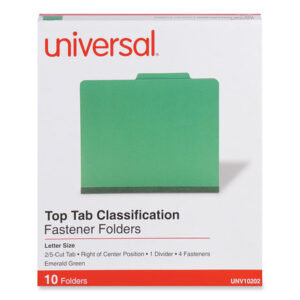Universal Bright Colored Pressboard Classification Folders, 2" Expansion, 1 Divider, 4 Fasteners, Letter Size, Emerald Green, 10/Box (UNV10202)
