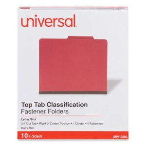 Universal Bright Colored Pressboard Classification Folders, 2" Expansion, 1 Divider, 4 Fasteners, Letter Size, Ruby Red, 10/Box (UNV10203)