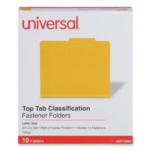 Universal Bright Colored Pressboard Classification Folders, 2" Expansion, 1 Divider, 4 Fasteners, Letter Size, Yellow Exterior, 10/Box (UNV10204)