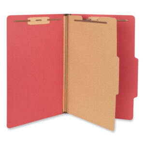 Universal Bright Colored Pressboard Classification Folders, 2" Expansion, 1 Divider, 4 Fasteners, Legal Size, Ruby Red Exterior, 10/Box (UNV10213)
