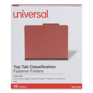 Universal Four-Section Pressboard Classification Folders, 2" Expansion, 1 Divider, 4 Fasteners, Letter Size, Red Exterior, 10/Box (UNV10250)