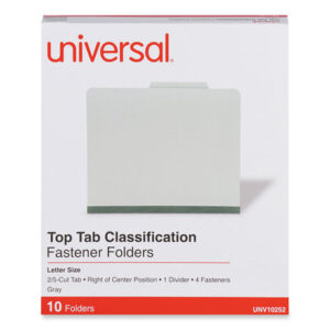 Universal Four-Section Pressboard Classification Folders, 2" Expansion, 1 Divider, 4 Fasteners, Letter Size, Gray Exterior, 10/Box (UNV10252)