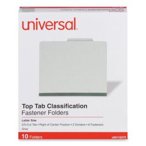 Universal Six-Section Pressboard Classification Folders, 2" Expansion, 2 Dividers, 6 Fasteners, Letter Size, Gray Exterior, 10/Box (UNV10272)