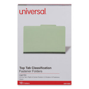 Universal Six-Section Pressboard Classification Folders, 2" Expansion, 2 Dividers, 6 Fasteners, Legal Size, Green Exterior, 10/Box (UNV10281)