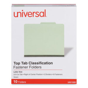 Universal Eight-Section Pressboard Classification Folders, 3" Expansion, 3 Dividers, 8 Fasteners, Letter Size, Green Exterior, 10/Box (UNV10291)