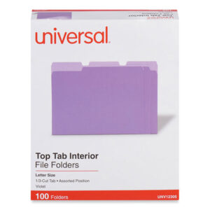 Universal Interior File Folders, 1/3-Cut Tabs: Assorted, Letter Size, 11-pt Stock, Violet, 100/Box (UNV12305)