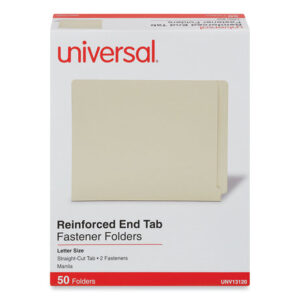 Universal Reinforced End Tab Fastener Folders, 0.75" Expansion, 2 Fasteners, Letter Size, Manila Exterior, 50/Box (UNV13120)