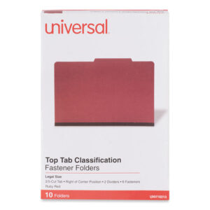 Universal Bright Colored Pressboard Classification Folders, 2" Expansion, 2 Dividers, 6 Fasteners, Legal Size, Ruby Red, 10/Box (UNV10313)