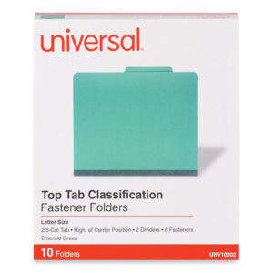 Universal Bright Colored Pressboard Classification Folders, 2" Expansion, 2 Dividers, 6 Fasteners, Letter Size, Emerald Green, 10/Box (UNV10302)