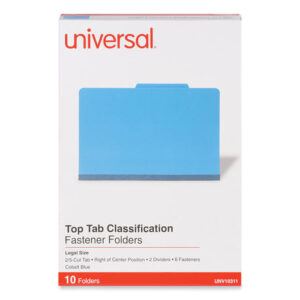 Universal Bright Colored Pressboard Classification Folders, 2" Expansion, 2 Dividers, 6 Fasteners, Legal Size, Cobalt Blue, 10/Box (UNV10311)