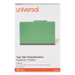 Universal Bright Colored Pressboard Classification Folders, 2" Expansion, 2 Dividers, 6 Fasteners, Legal Size, Emerald Green, 10/Box (UNV10312)