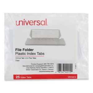 Universal Hanging File Folder Plastic Index Tabs, 1/5-Cut, Clear, 2.25" Wide, 25/Pack (UNV42215)