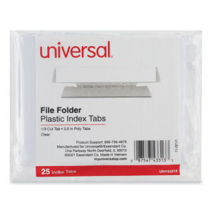 Universal Hanging File Folder Plastic Index Tabs, 1/3-Cut, Clear, 3.7" Wide, 25/Pack (UNV43313)